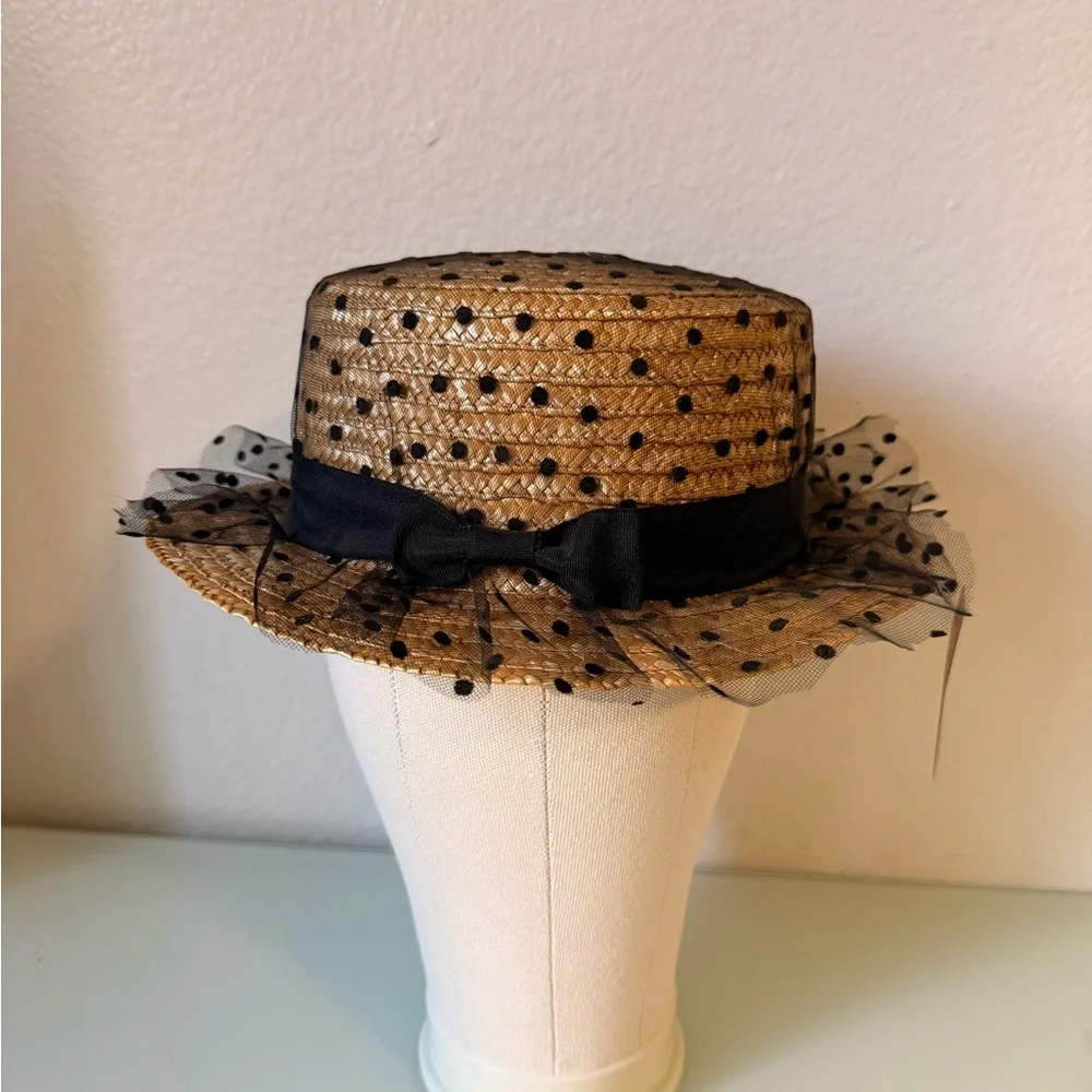 Straw Sun Hat with Black Polka Dot Veil and Band by A&O